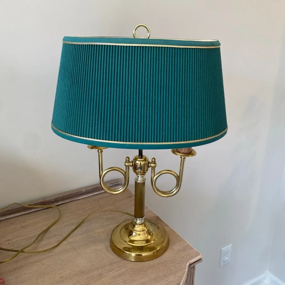 Vintage Brass Alsy French Horn Lamp With Original Shade